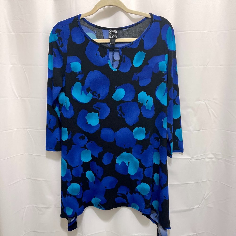 CLARA SUN WOO SCOOP NECK TOP, Sz S, Blue/Black, USA,   PM22